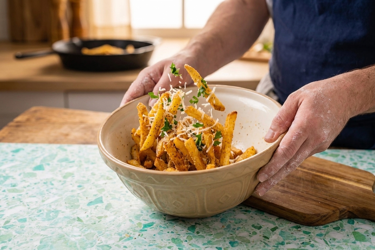 A cook's hands tossing hot crispy fries with grated Parmesan and chopped parsley in a large mixing bowl on a kitchen counter