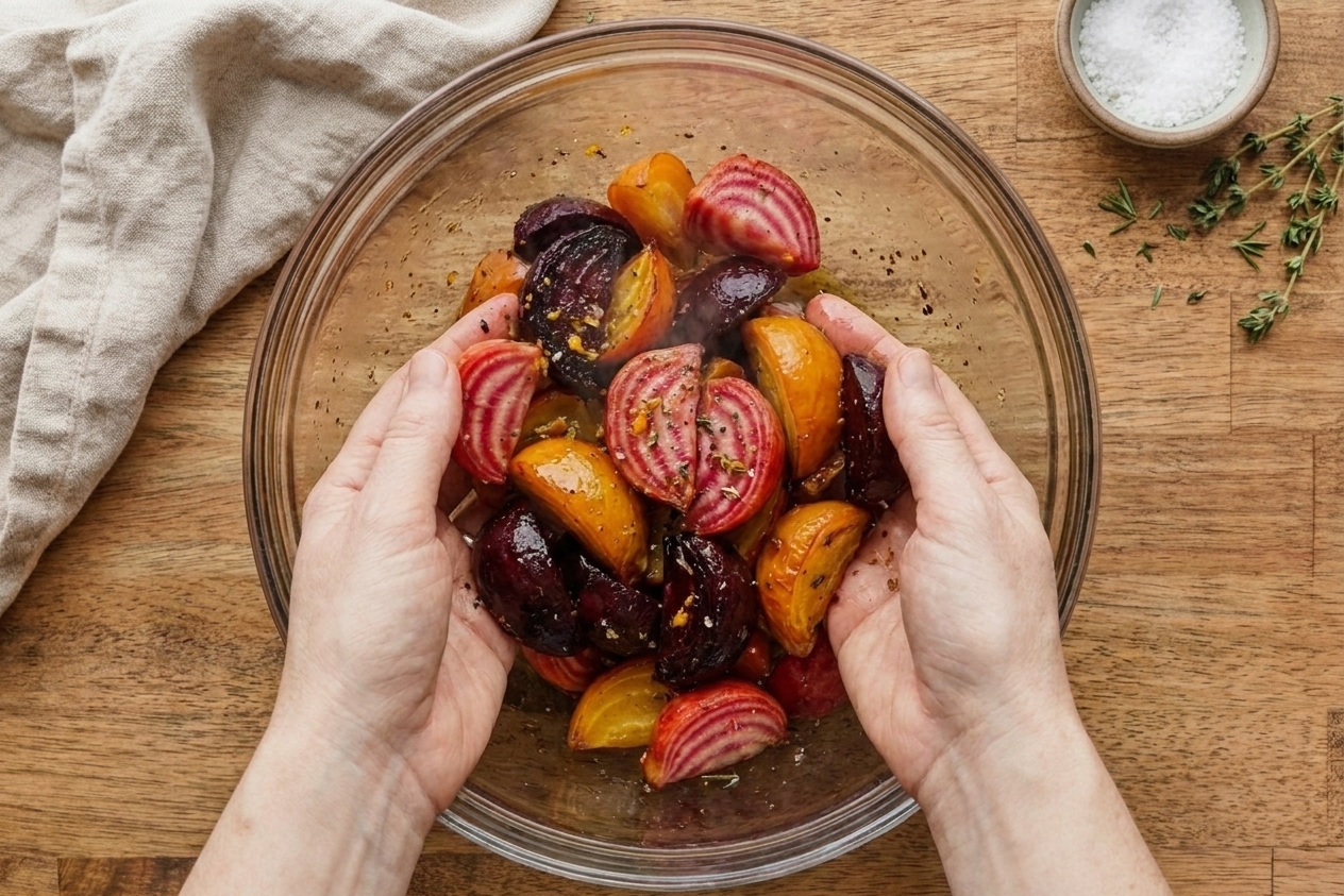 A cook's hands tossing warm roasted beetroot in a bowl with a glossy citrus-balsamic dressing