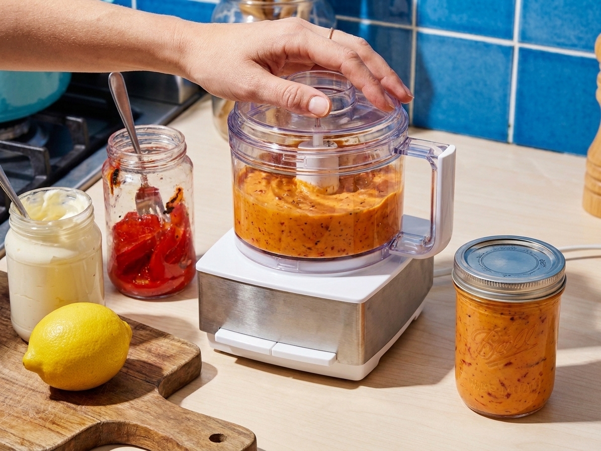 A cook's hands using a small food processor to blend roasted red peppers and mayonnaise into a smooth sauce on a kitchen counter
