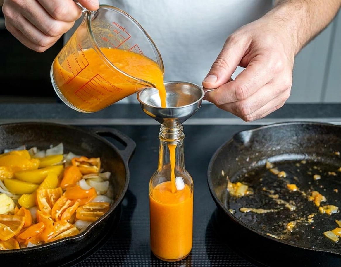 A cook’s hands using a small funnel to pour smooth orange habanero hot sauce into a glass bottle on a kitchen counter