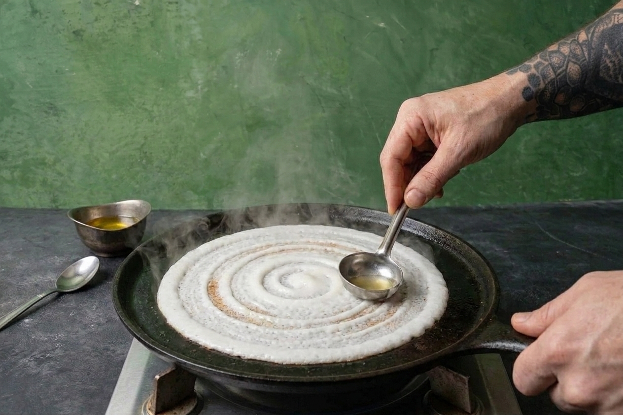 A cook's hands using the bottom of a ladle to spread dosa batter in a spiral on a hot flat griddle, steam rising in a home kitchen