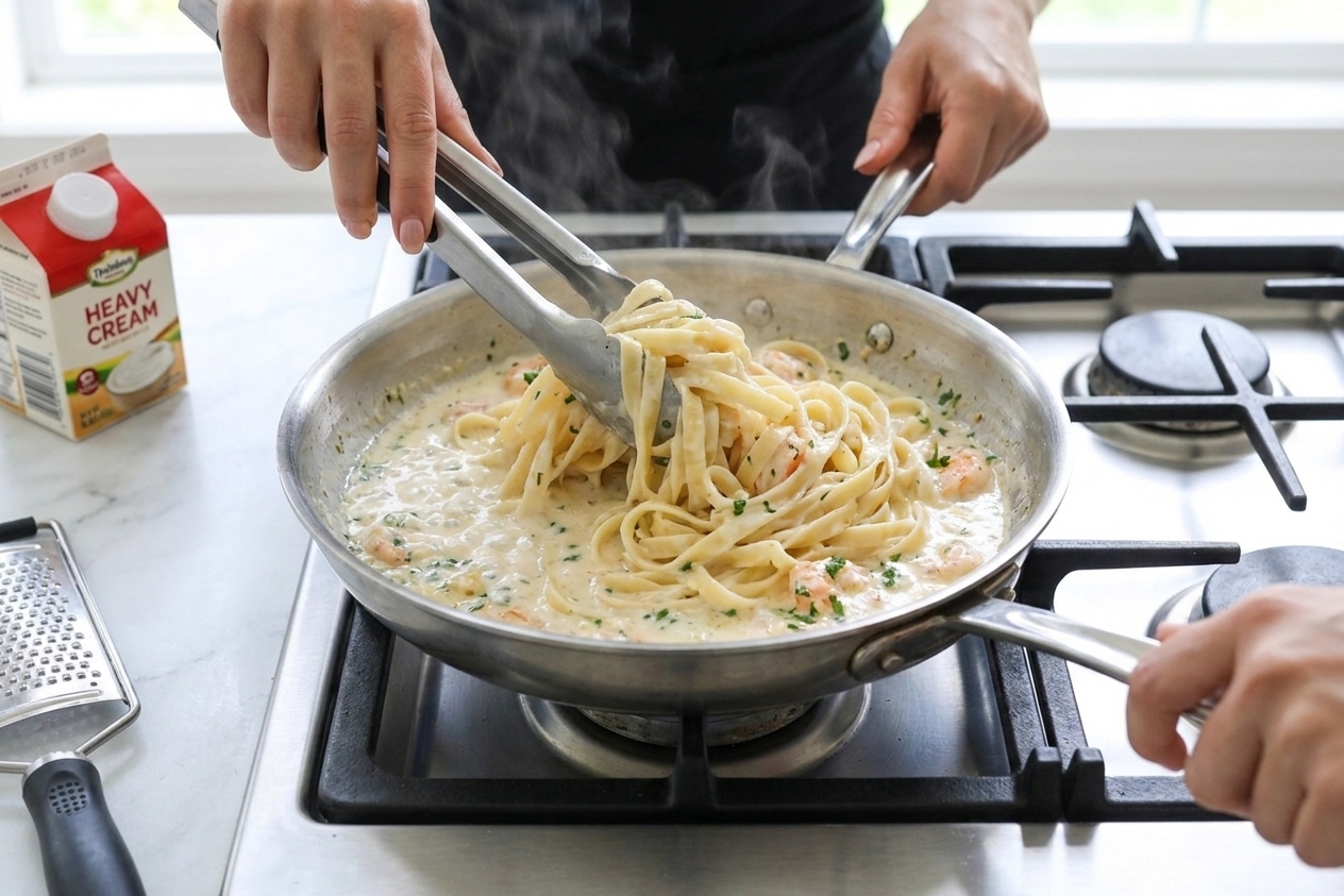 A cook's hands using tongs to toss fettuccine in a creamy Alfredo sauce in a wide skillet on a home stove