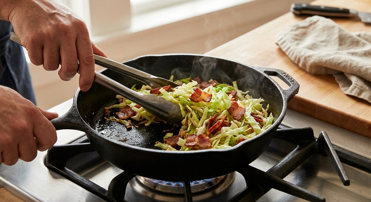 A cook's hands using tongs to toss shredded cabbage and bacon in a hot cast iron skillet on a home stove with warm kitchen lighting