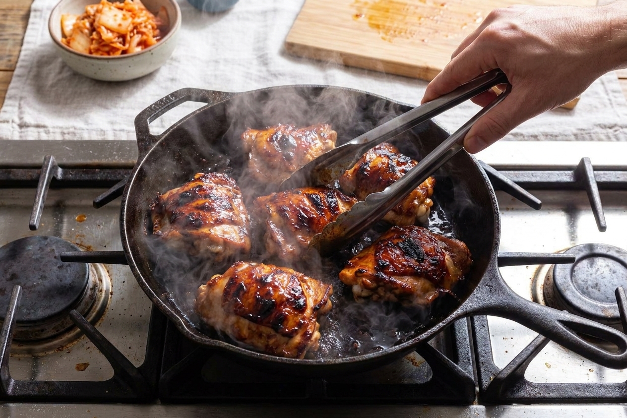 A cook's hands using tongs to turn glazed Korean BBQ chicken thighs in a hot skillet on a home stove with steam rising