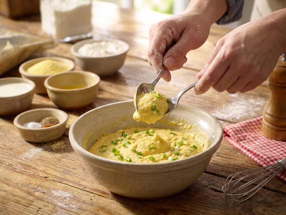 A cook's hands using two spoons to shape hush puppy batter over a mixing bowl on a home kitchen counter
