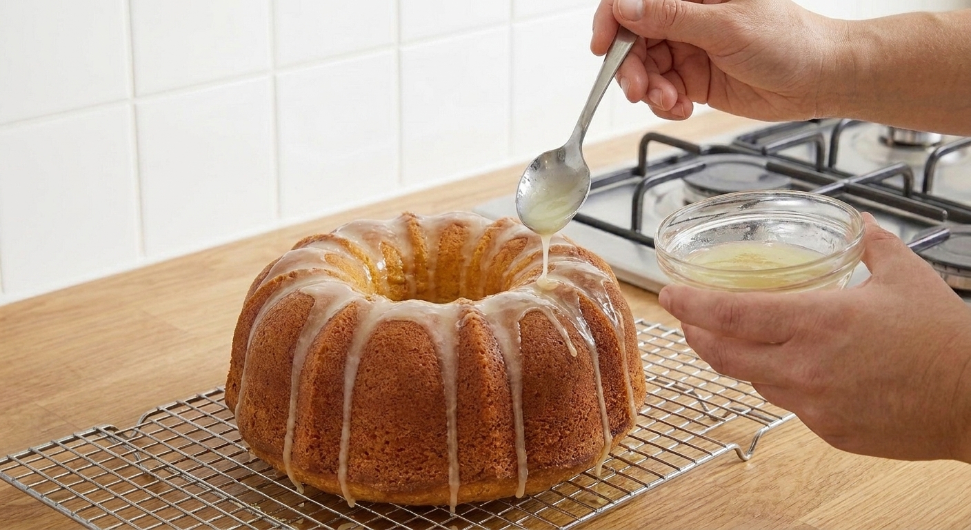 A cooled 7Up pound cake on a wire rack being drizzled with glossy lemon-lime glaze