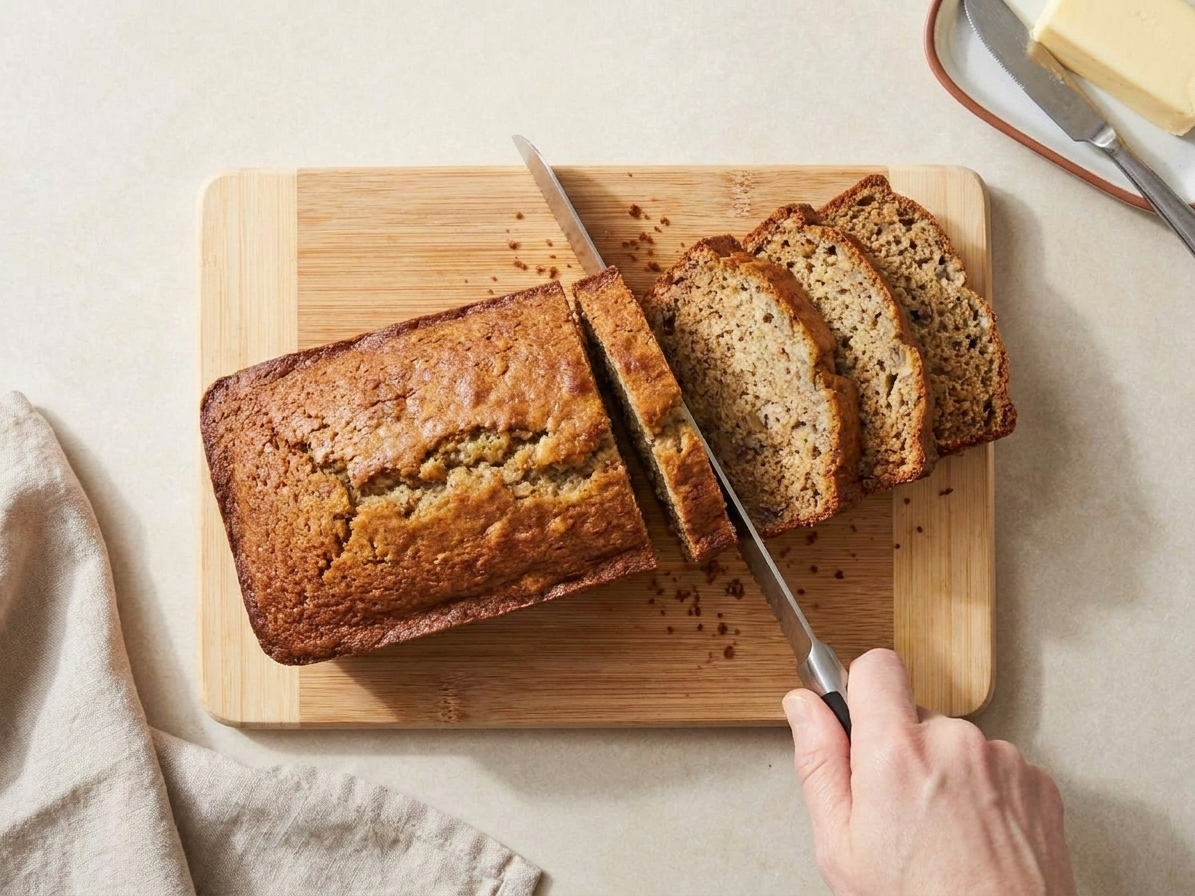 A cooled banana bread loaf being sliced with a serrated knife on a wooden cutting board, with a few slices fanned out