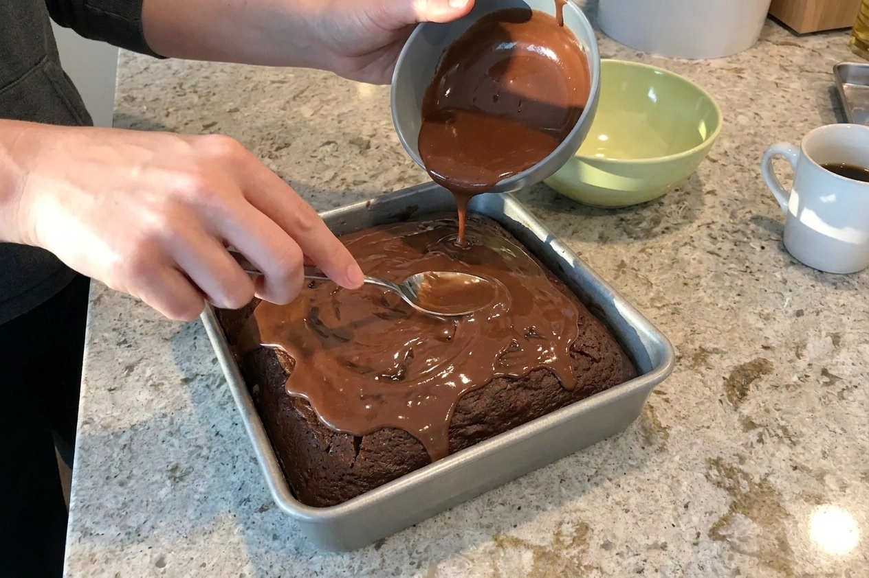 A cooled chocolate wacky cake in its pan as a simple chocolate glaze is poured and spread across the surface with the back of a spoon, consistent kitchen counter setting