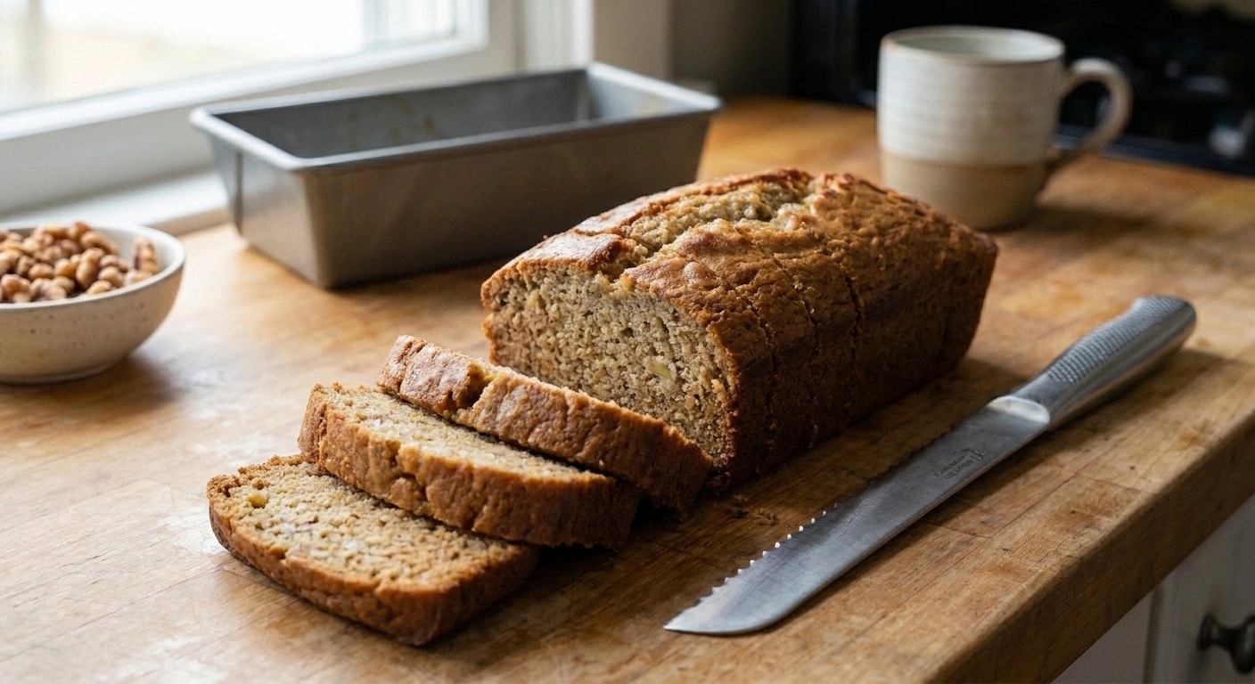 A cooled gluten free banana loaf sliced into even pieces on a cutting board, with a few slices fanned out in front