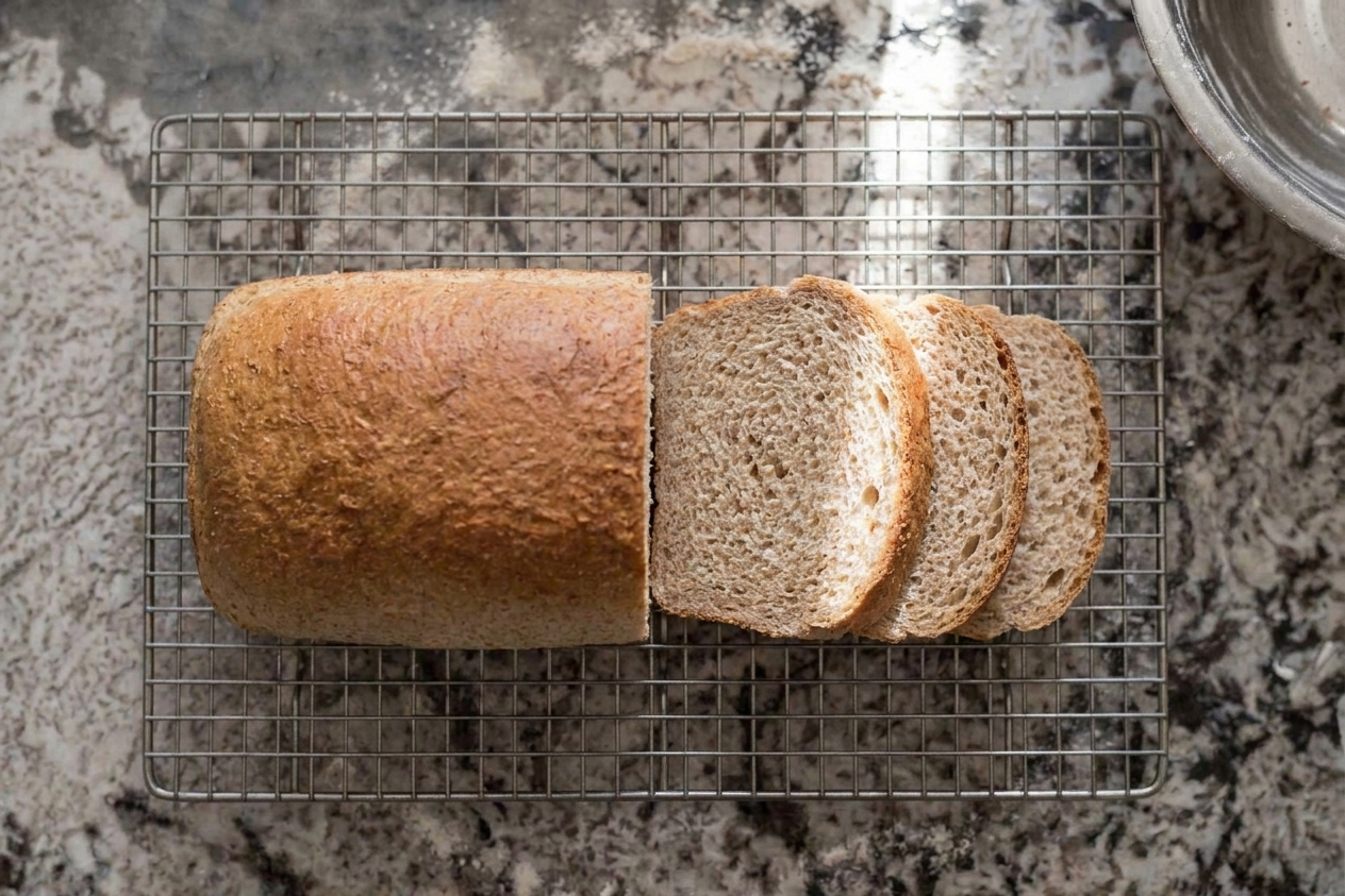 A cooled honey whole wheat bread loaf on a wire rack with a few even slices cut, soft crumb visible
