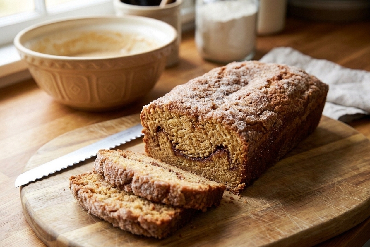 A cooled loaf of Amish Friendship Bread sliced on a cutting board, showing a cinnamon sugar ribbon through the center