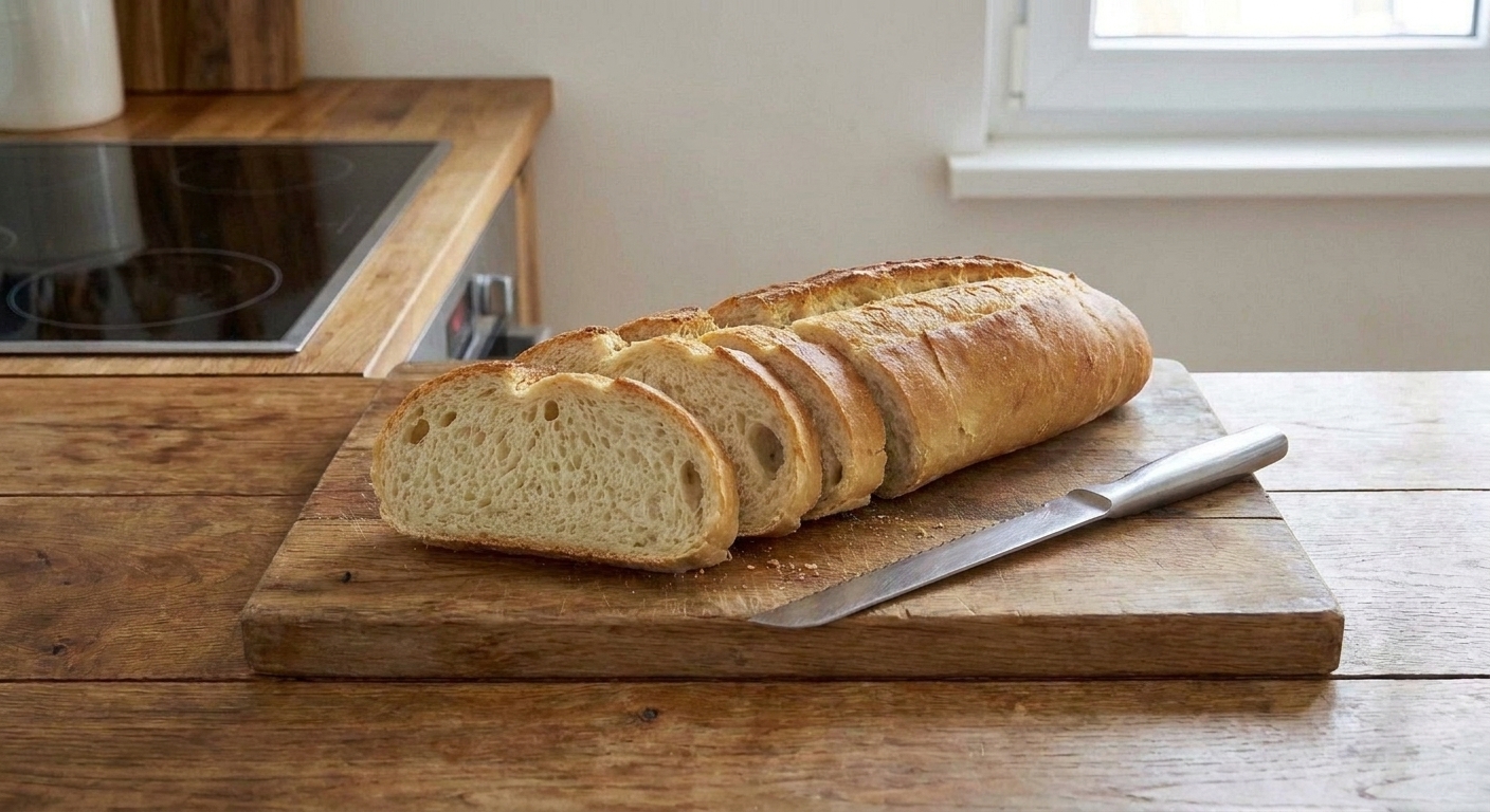A cooled loaf of Cuban bread sliced into pieces on a wooden cutting board, showing a soft airy crumb and thin crisp crust