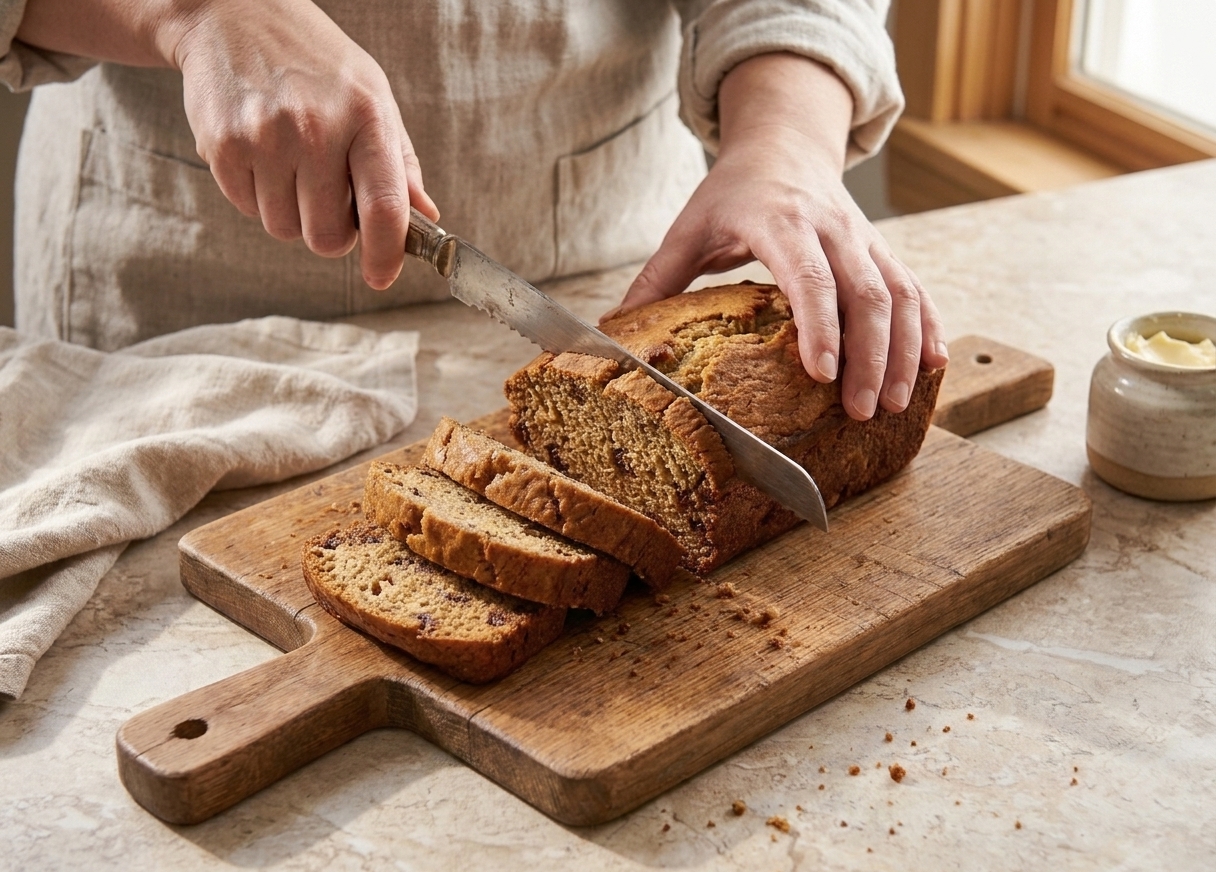 A cooled loaf of banana bread being sliced on a wooden cutting board with a serrated knife, crumbs scattered naturally