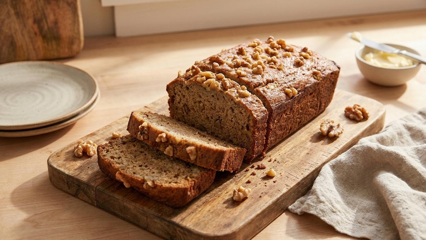 A cooled loaf of banana bread sliced into thick pieces, showing a moist crumb and walnut topping on a wooden board