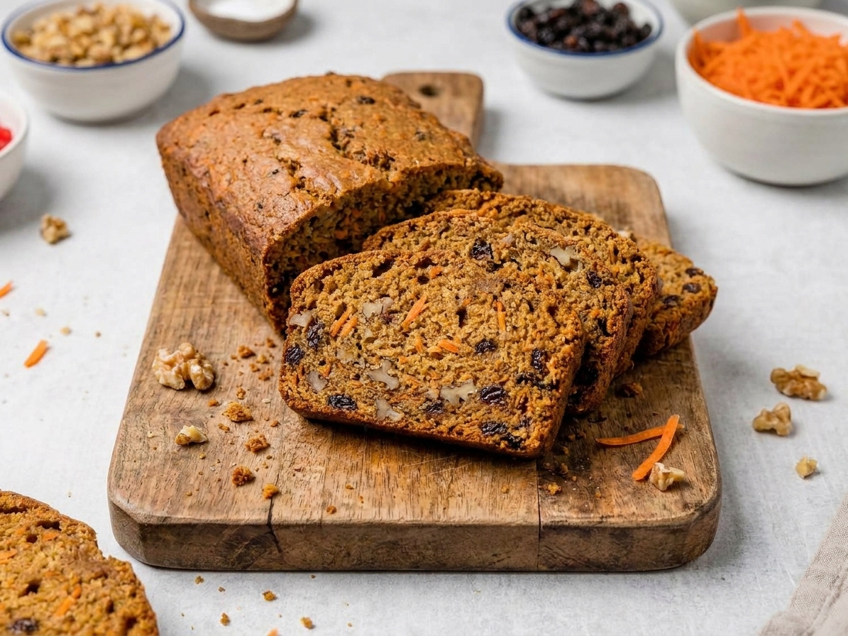 A cooled loaf of carrot bread sliced on a cutting board with visible carrot shreds and a few crumbs