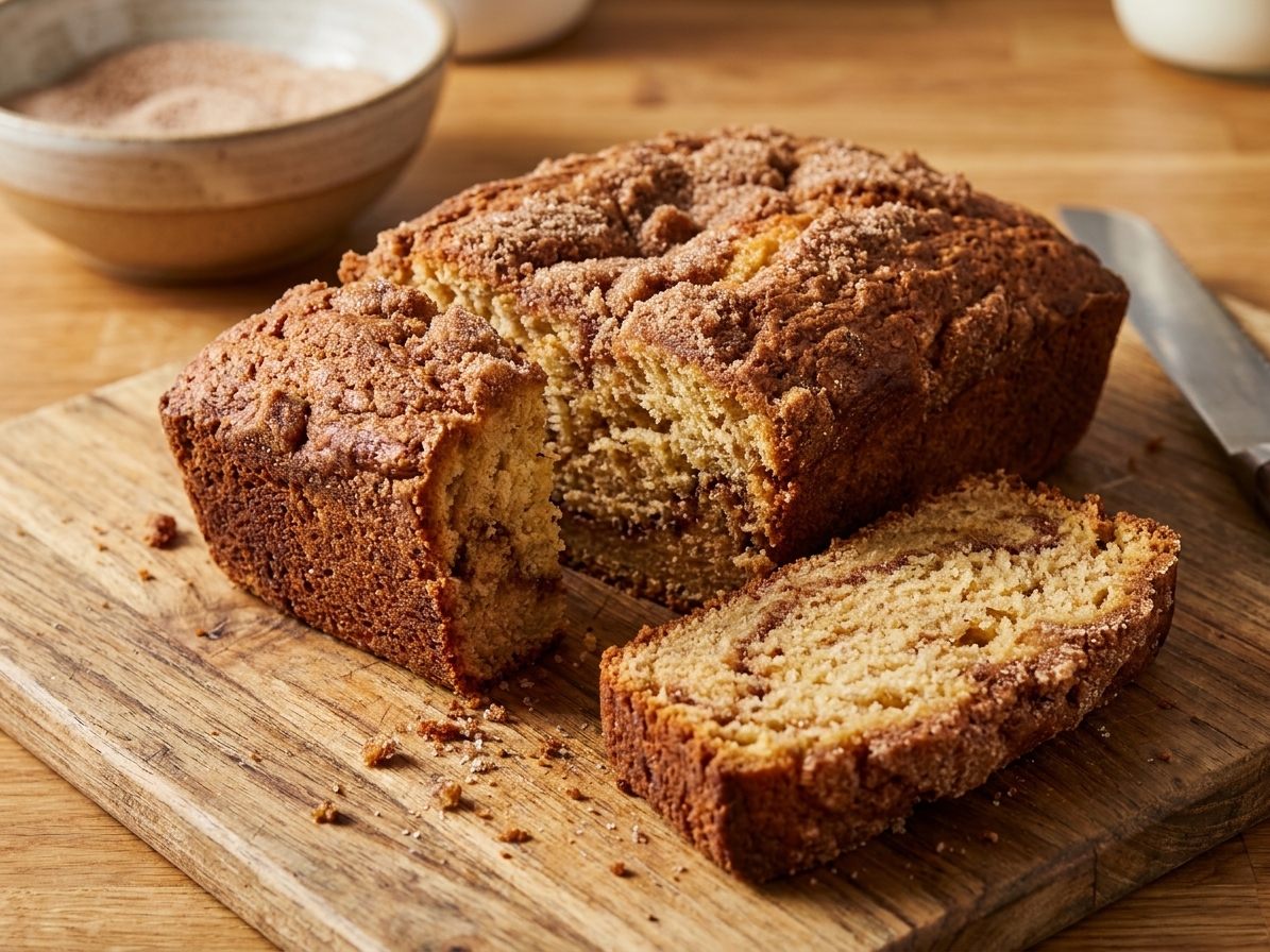 A cooled loaf of cinnamon friendship bread sliced on a cutting board with visible tender crumb and cinnamon sugar crust
