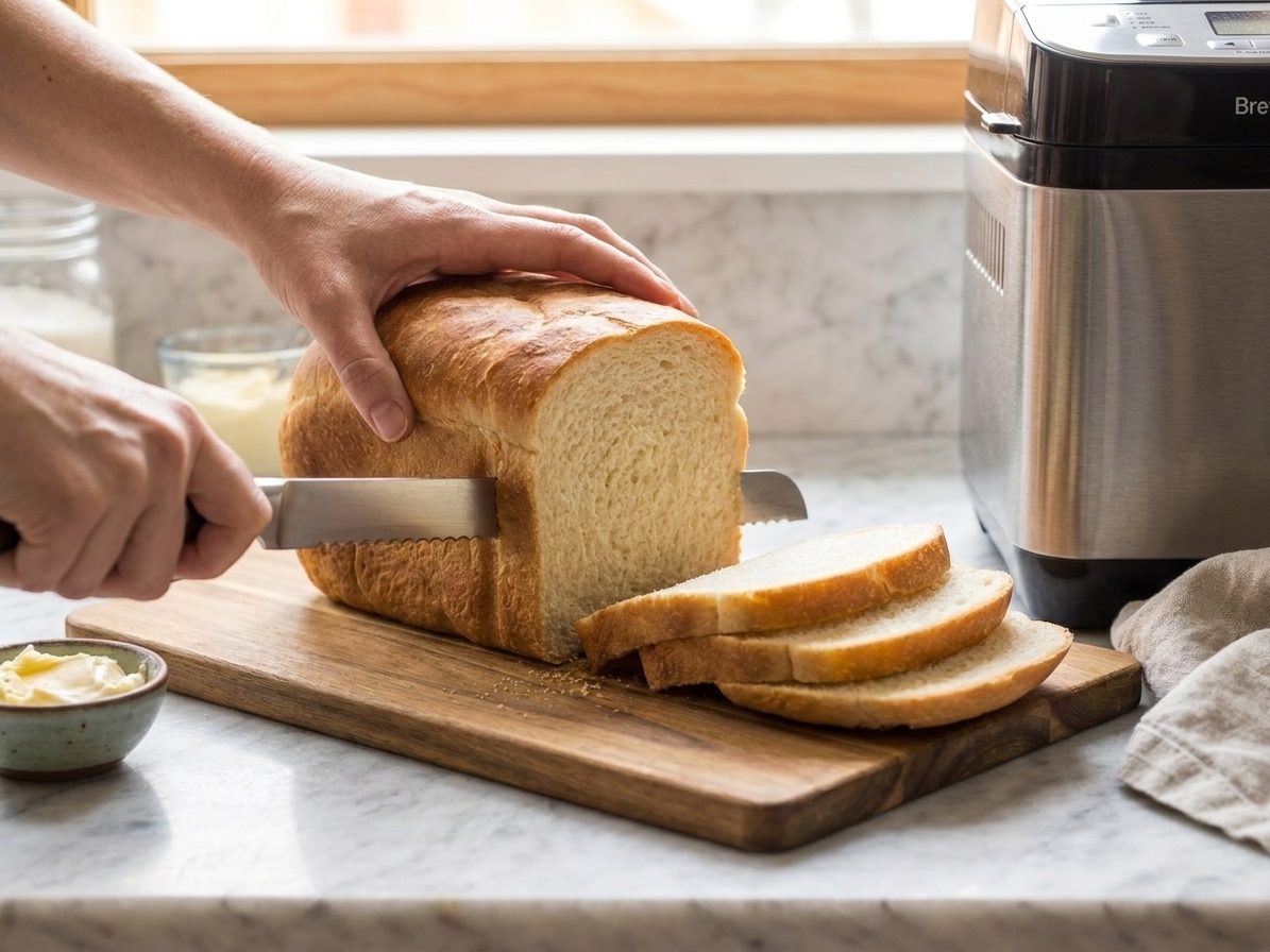 A cooled loaf of homemade sandwich bread being sliced with a serrated knife on a wooden cutting board in a bright kitchen
