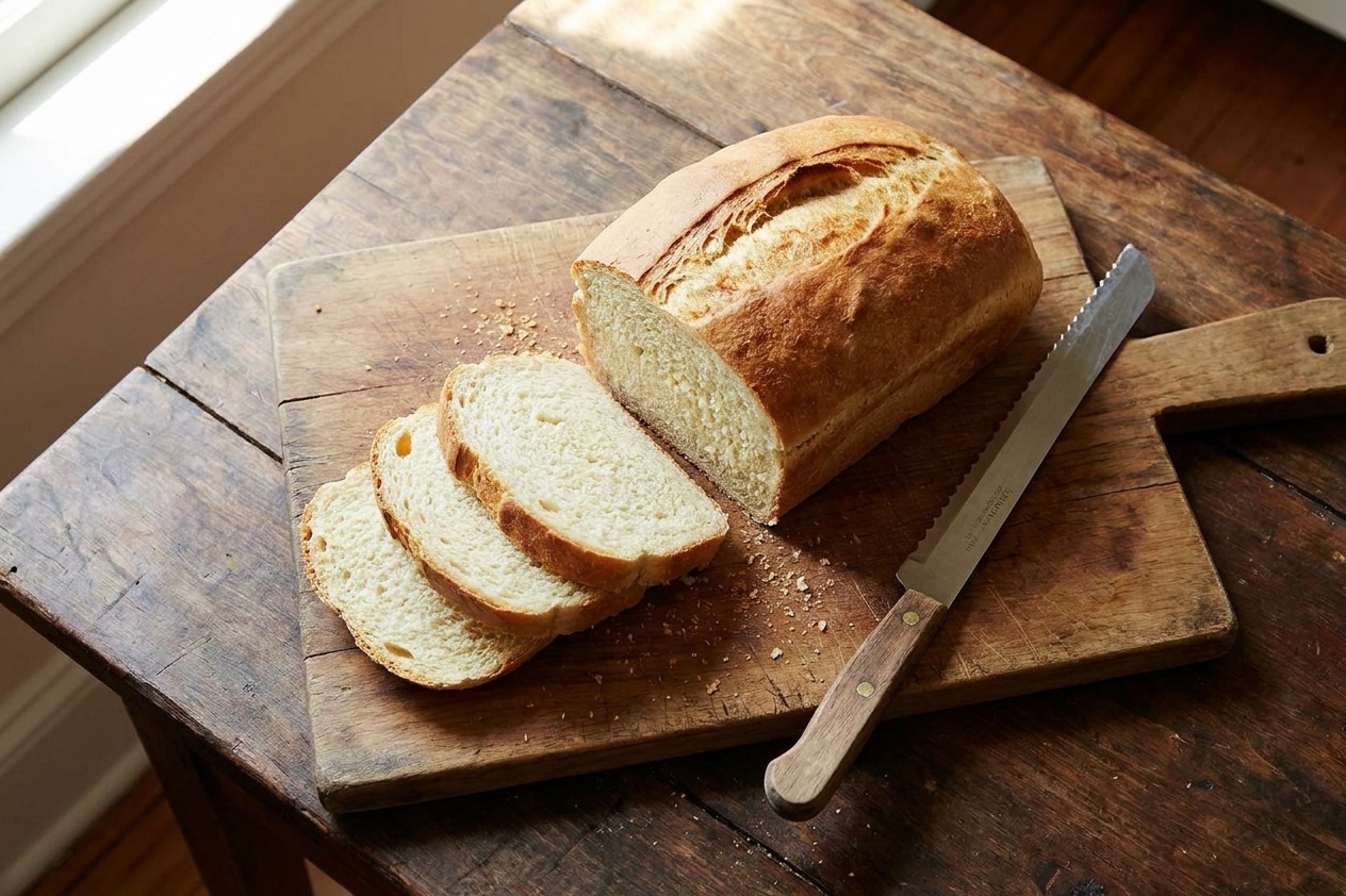 A cooled loaf of homemade yeast bread partially sliced on a wooden cutting board with a serrated bread knife nearby