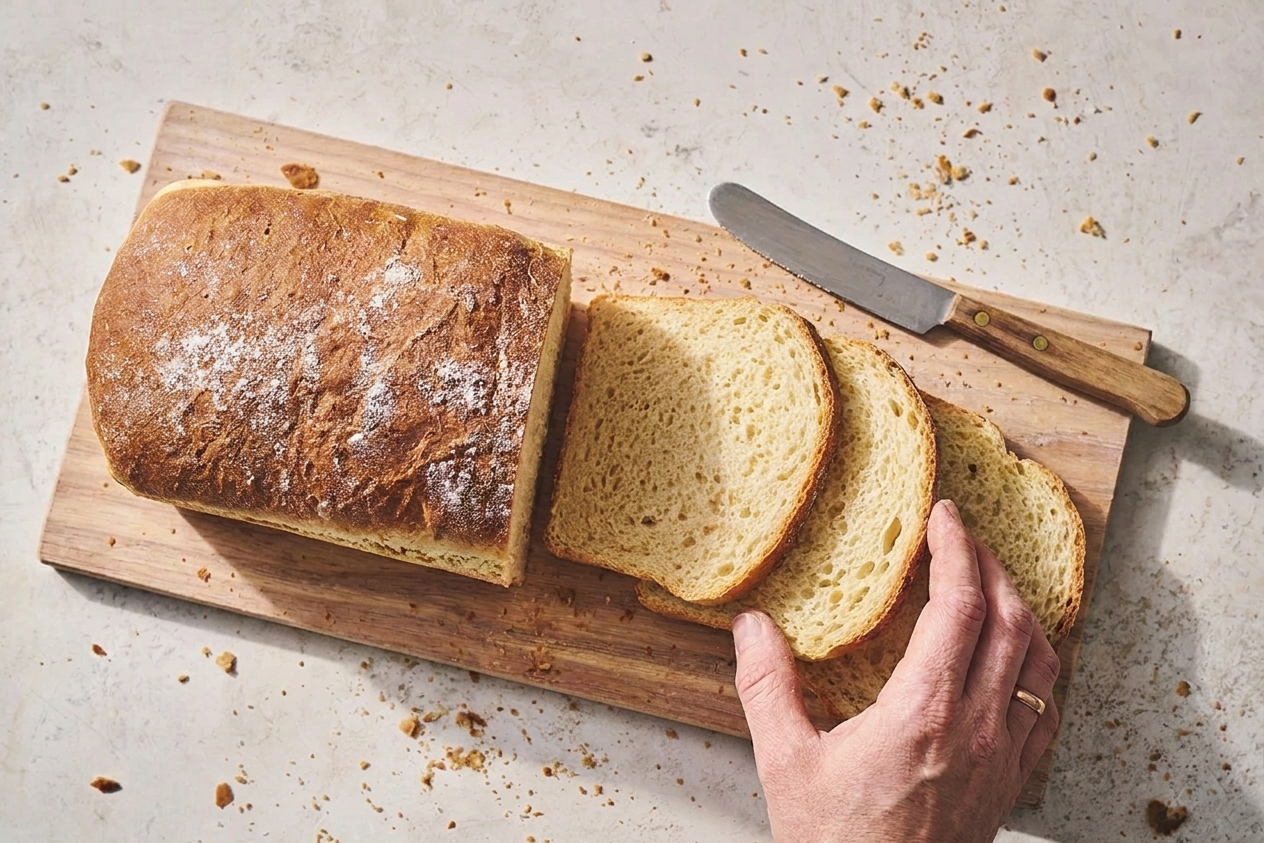A cooled loaf of homemade yeast bread sliced on a wooden cutting board with a butter knife nearby