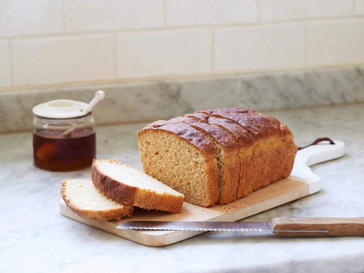 A cooled loaf of honey wheat bread sliced into even pieces on a cutting board with a bread knife nearby