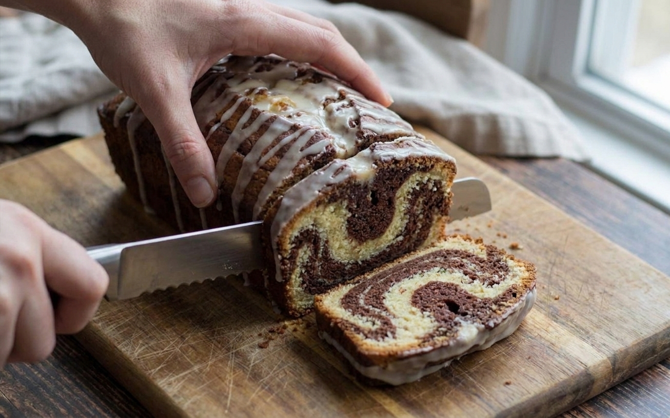 A cooled marble loaf cake drizzled with vanilla glaze being sliced on a wooden cutting board with a serrated knife