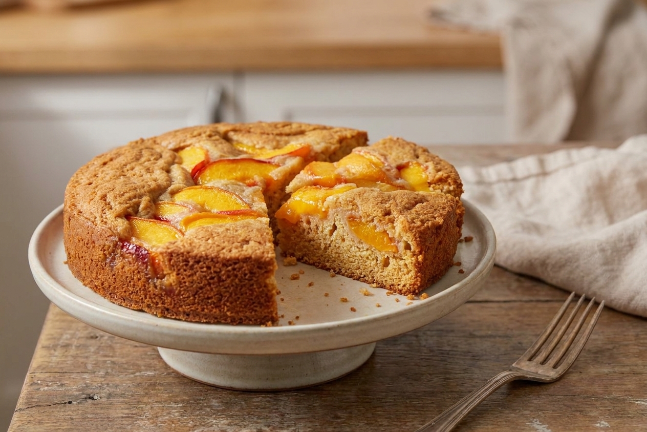 A cooled peach cake sliced on a simple cake stand with a few slices removed, crumbs visible, soft natural light
