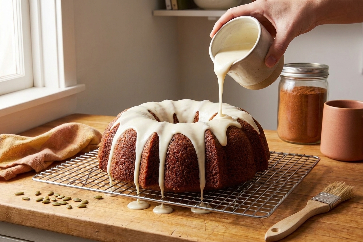 A cooled pumpkin bundt cake on a wire rack while vanilla glaze is poured over the top and drips down the sides
