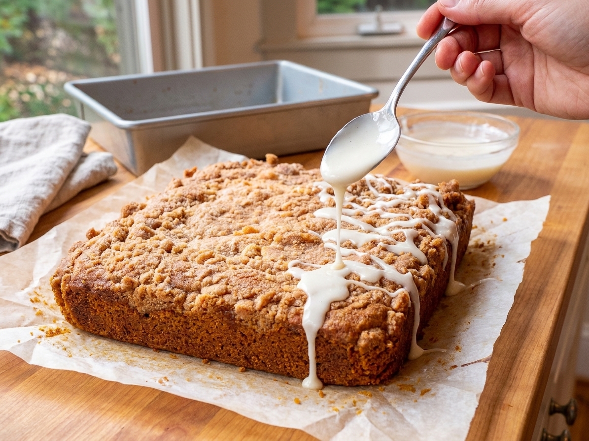 A cooled pumpkin coffee cake on parchment with vanilla glaze being spooned over the streusel top on a warm kitchen counter