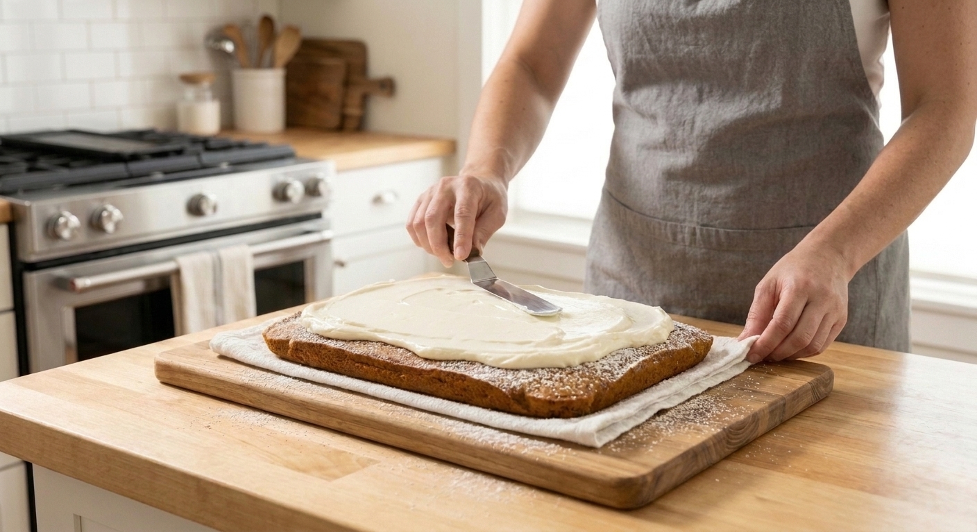 A cooled pumpkin sheet cake unrolled on a towel while cream cheese filling is being spread evenly with an offset spatula