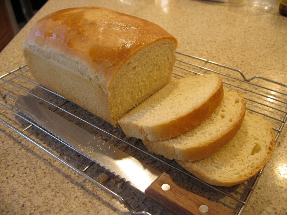 A cooled sandwich loaf partially sliced on a wire rack with a serrated knife on the counter nearby