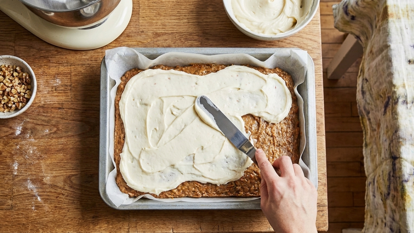 A cooled sheet carrot cake being frosted with cream cheese frosting using an offset spatula
