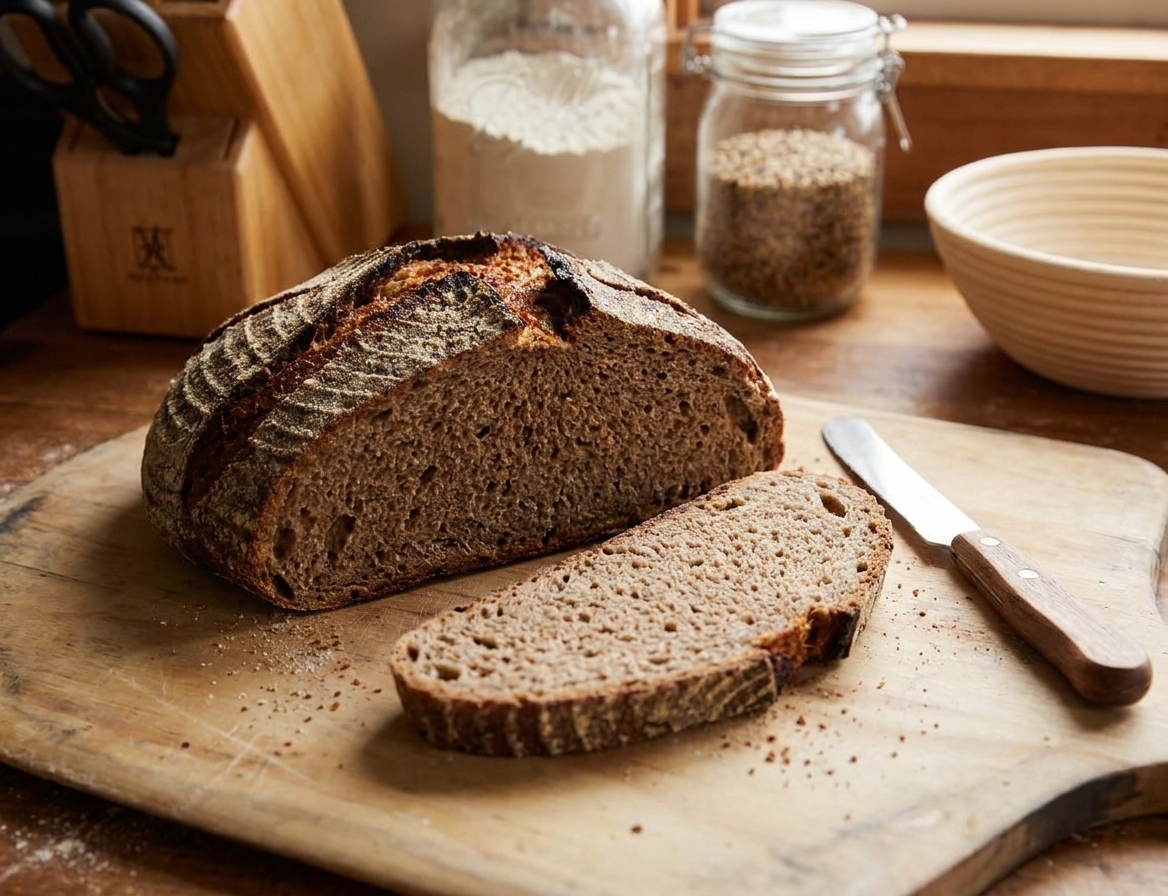 A cooled sourdough rye loaf sliced to show a tight but tender crumb on a wooden cutting board with a butter knife nearby