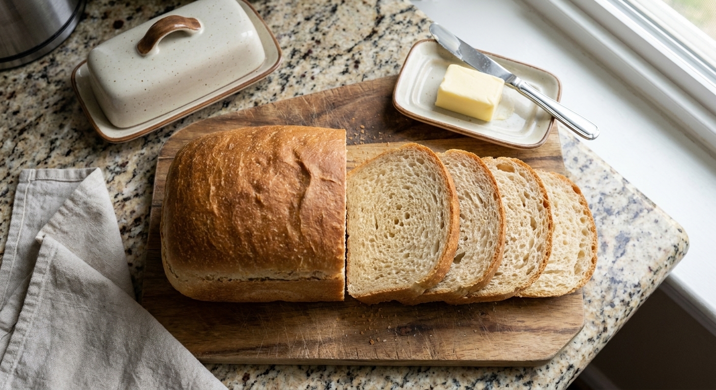 A cooled sourdough sandwich loaf sliced on a wooden cutting board with butter nearby on a kitchen table