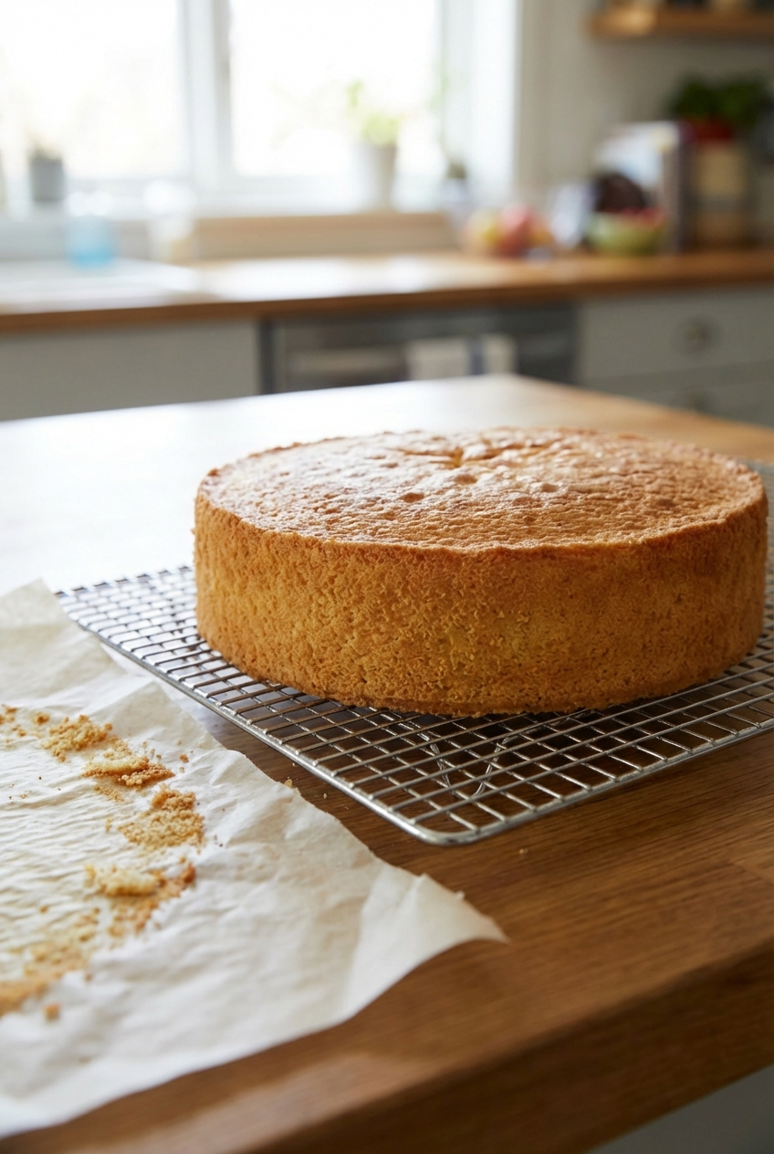 A cooled sponge cake layer on a wire rack with a golden top and parchment nearby