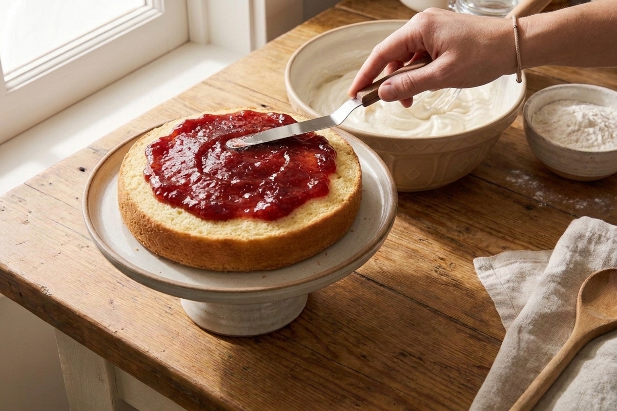 A cooled sponge layer on a cake stand with strawberry jam being spread across the top, with a bowl of whipped cream nearby on a kitchen counter