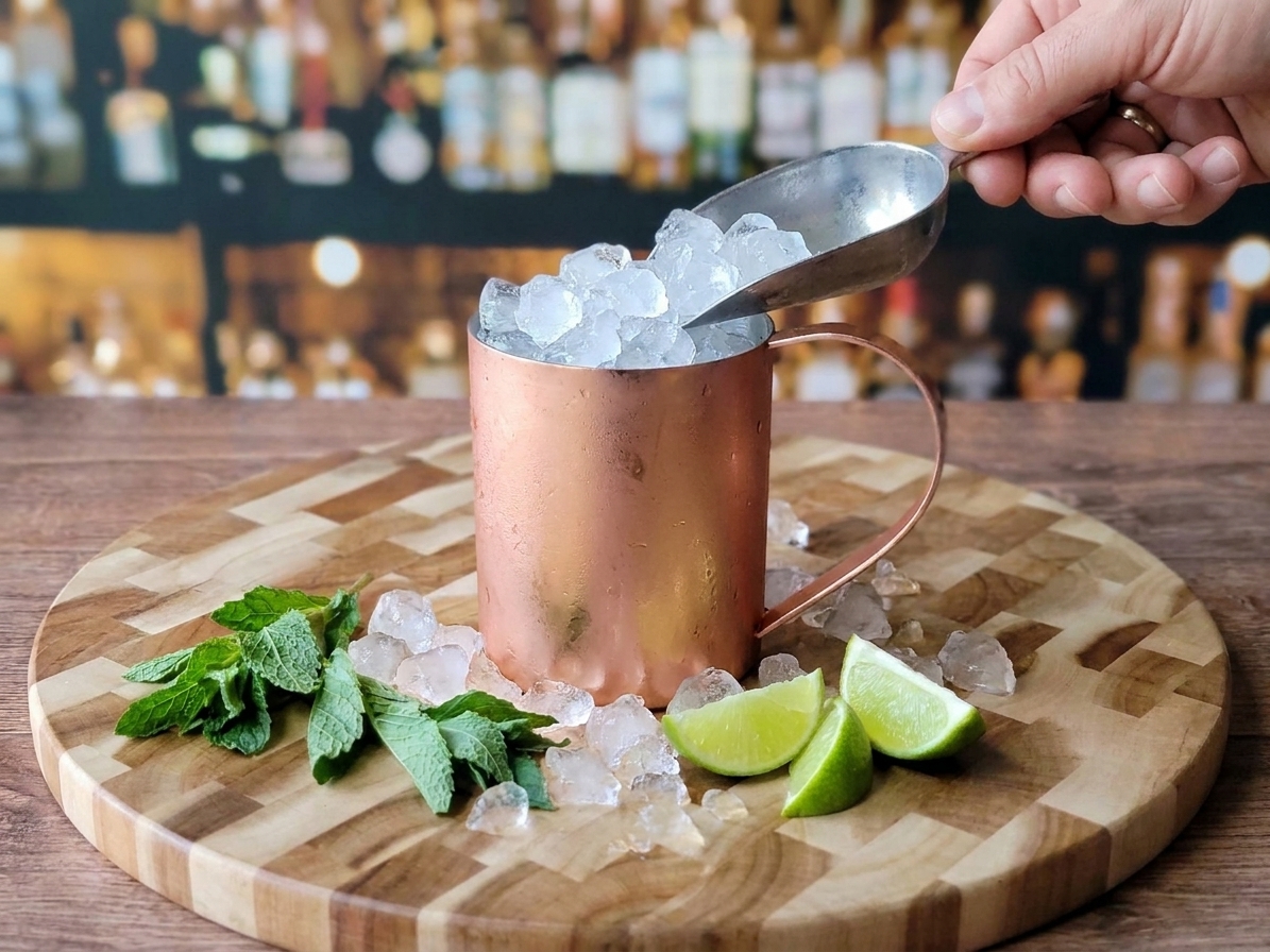 A copper mug being filled to the brim with crushed ice using a metal scoop on a kitchen counter