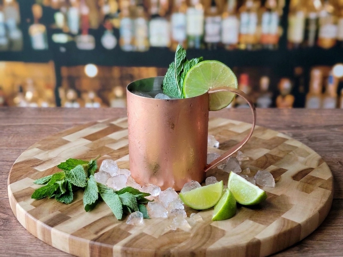 A copper mug cocktail on a wooden table with a lime and mint garnish, extra limes nearby, ready to serve