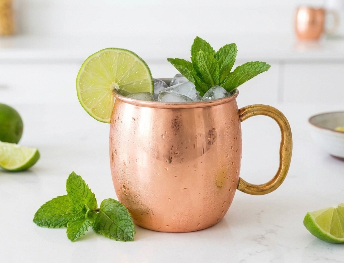 A copper mug filled with a Moscow mule over ice, garnished with a lime wheel and mint on a casual table setting