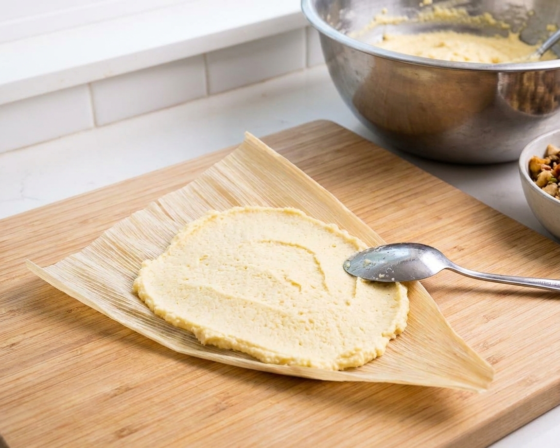 A corn husk on a cutting board with an even layer of masa spread across it, ready for filling