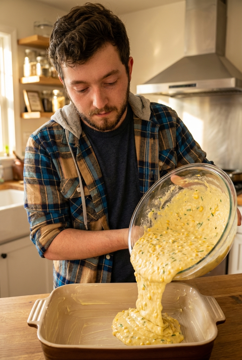 A corn souffle batter being poured from a mixing bowl into a buttered baking dish