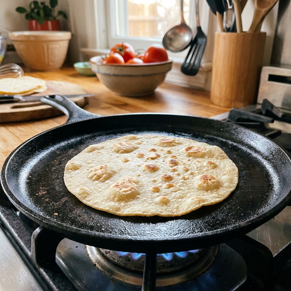 A corn tortilla cooking on a hot cast iron skillet with light brown toasted spots