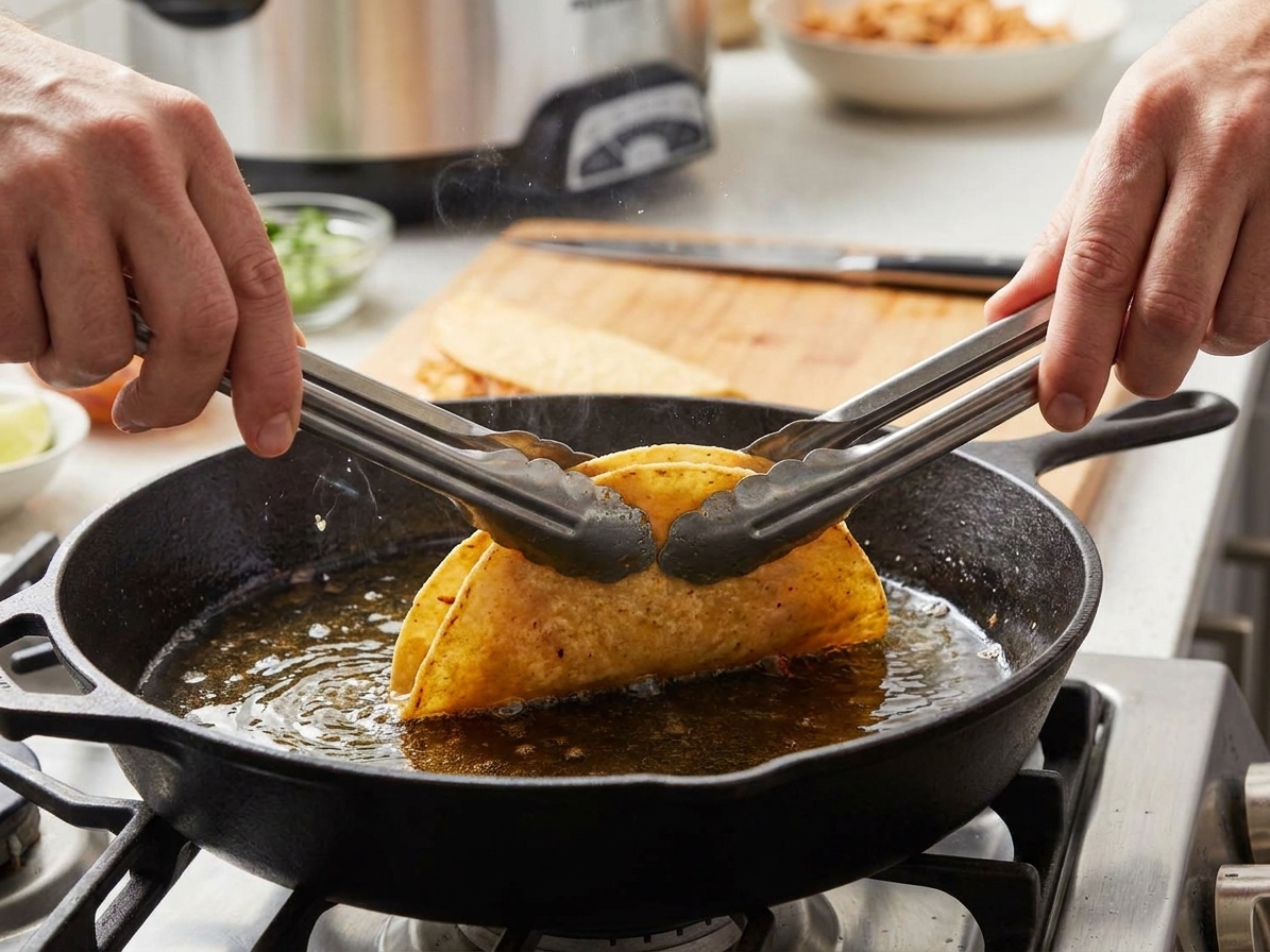 A corn tortilla frying in shallow oil in a skillet while hands use tongs to hold it in a chalupa shape