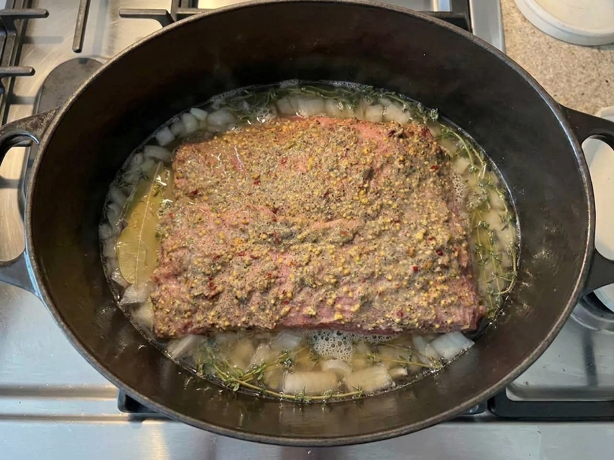 A corned beef brisket gently simmering in a large Dutch oven with onions and spices visible in the broth on a home stovetop