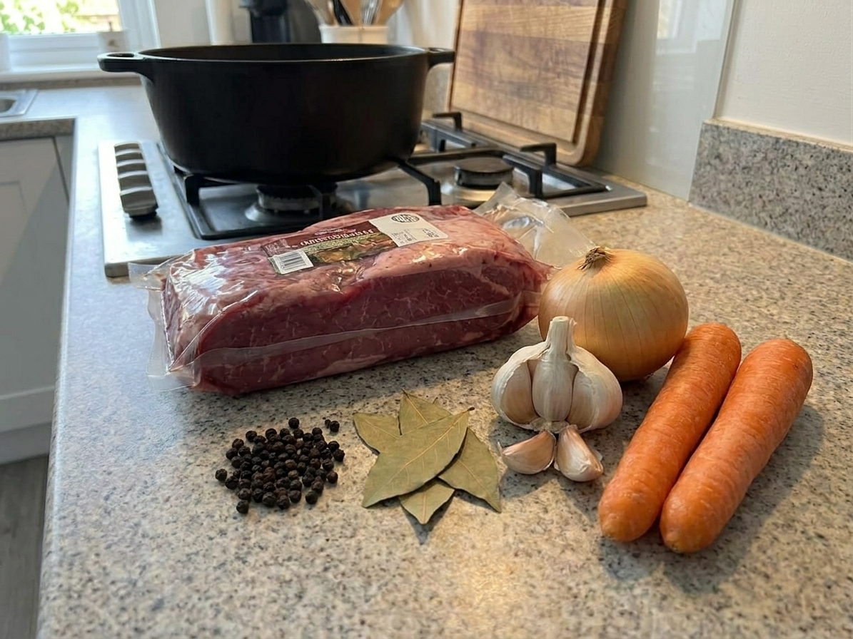 A corned beef brisket in its package beside peppercorns, bay leaves, onion, garlic, and carrots arranged on a clean kitchen counter