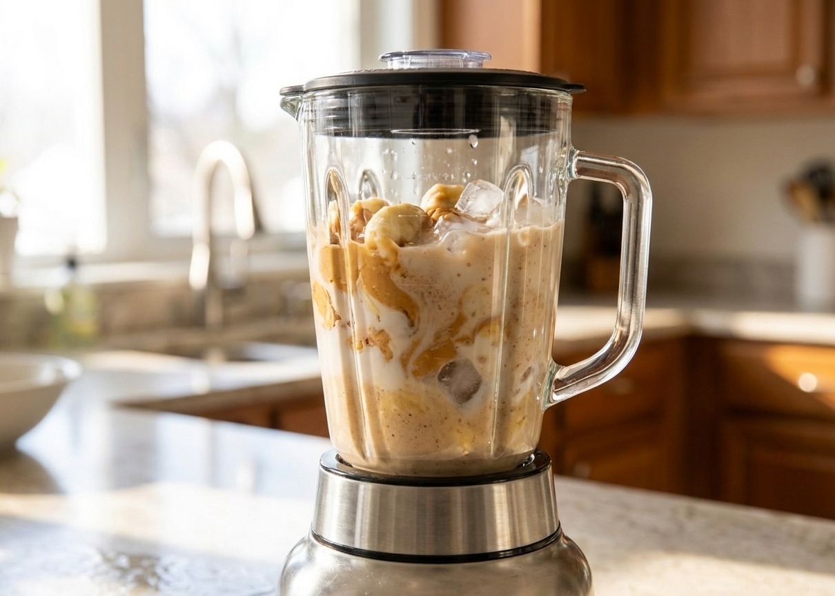 A countertop blender filled with banana, peanut butter, milk, and ice mid blend on a bright kitchen counter