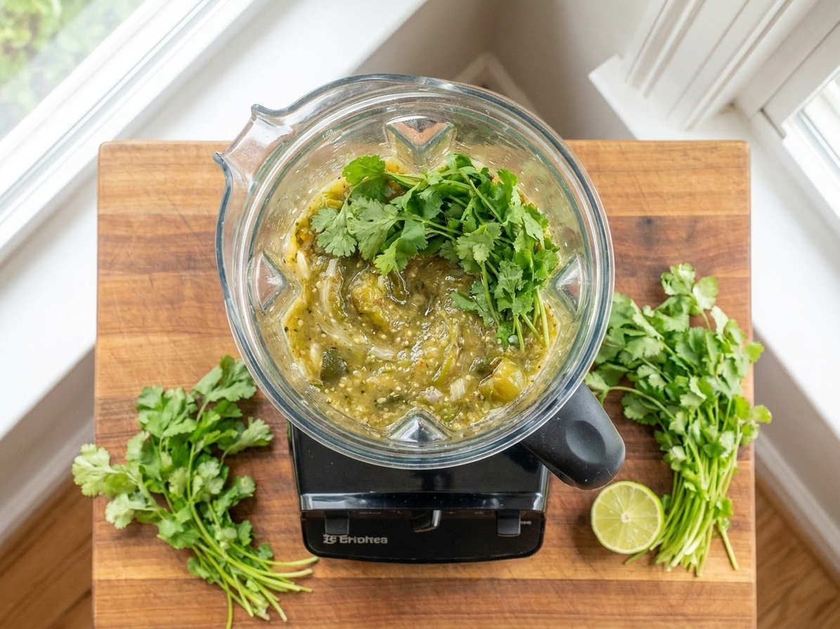 A countertop blender filled with roasted tomatillos, cilantro, and lime being blended into salsa verde in a bright home kitchen