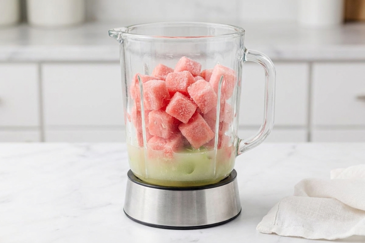A countertop blender jar filled with frozen watermelon cubes and visible lime juice, ready to be blended on a bright kitchen counter