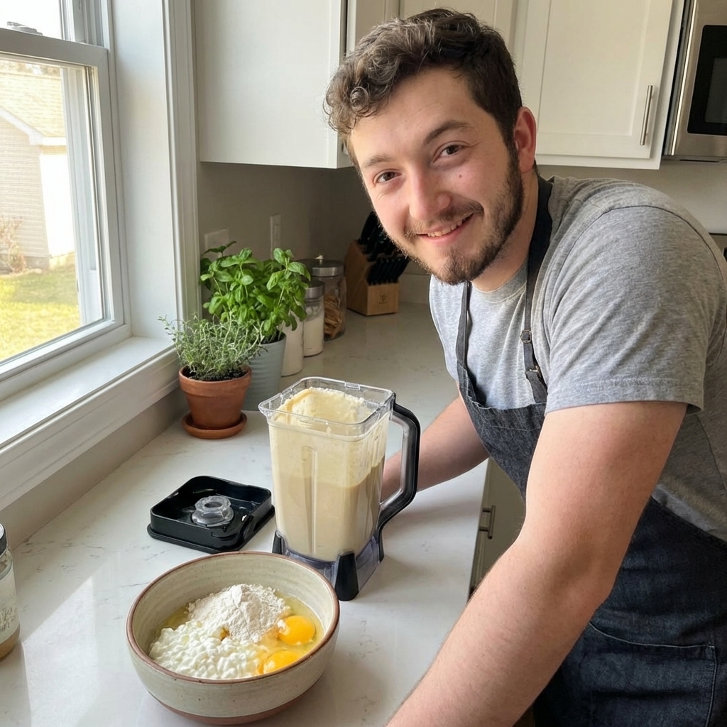 A countertop blender jar filled with smooth pancake batter beside a bowl of cottage cheese, eggs, and flour on a clean kitchen counter, natural morning light, photorealistic food photography