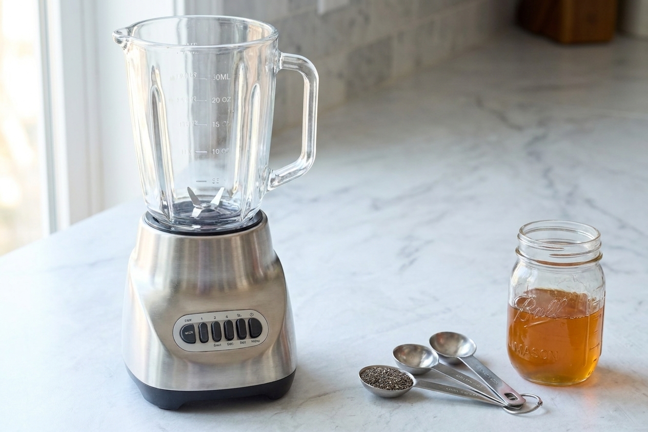 A countertop blender with a clear pitcher next to measuring spoons and a mason jar on a bright kitchen counter