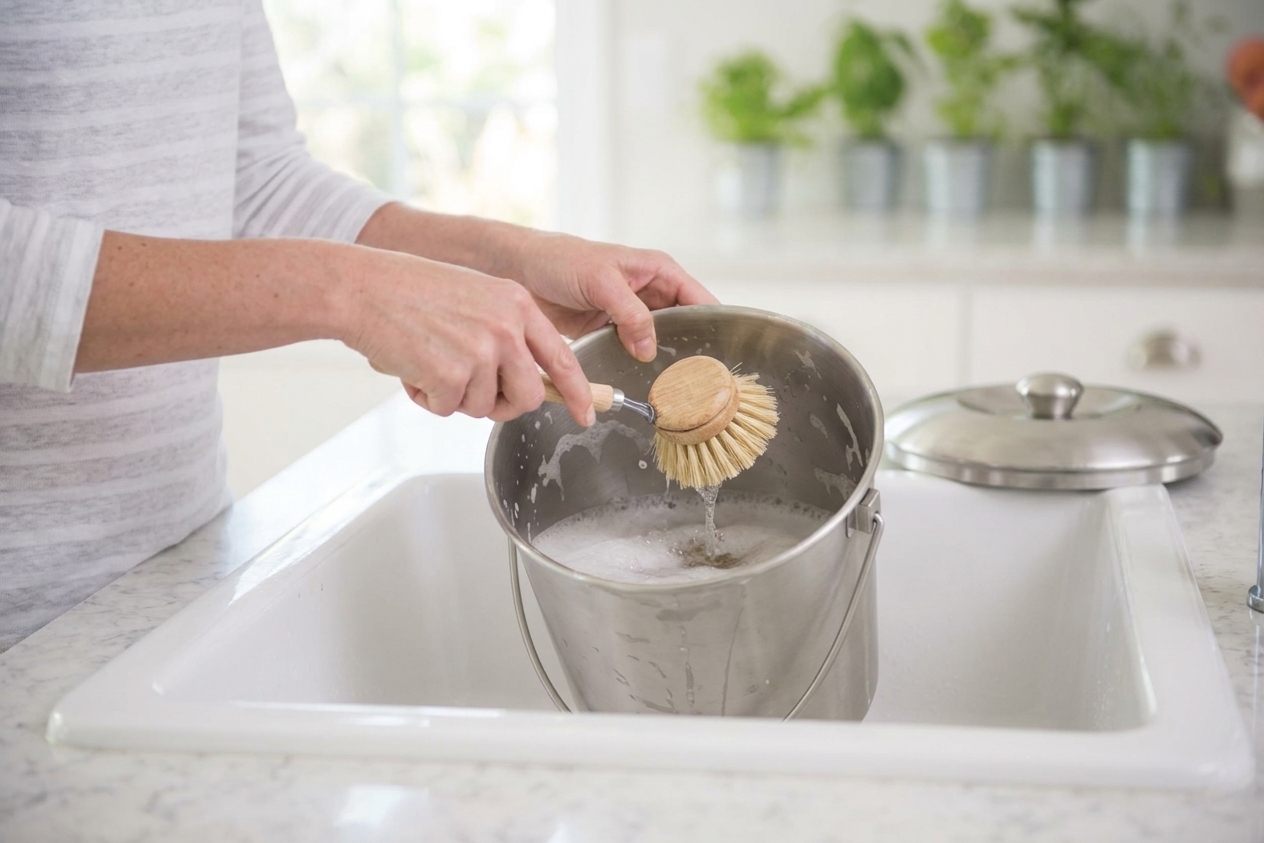 A countertop compost bin being washed in a kitchen sink with a dish brush and warm soapy water